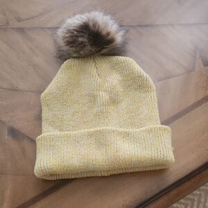 Cozy Yellow Knit Beanie with Faux Fur Pom